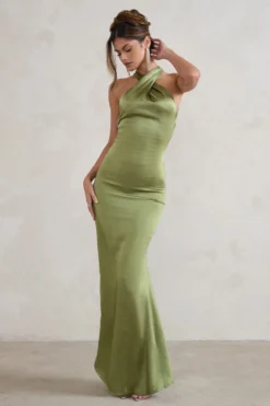 Unstoppable | Olive Green Satin Cross Over Halter Neck Maxi Dress -Stylixon Sales Store CC HR CL126739 UnstoppableOliveGreenSatinCrossOverHalterNeckMaxiDress0 scaled