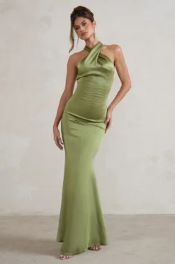 Unstoppable | Olive Green Satin Cross Over Halter Neck Maxi Dress -Stylixon Sales Store CC HR CL126739 UnstoppableOliveGreenSatinCrossOverHalterNeckMaxiDress1 scaled