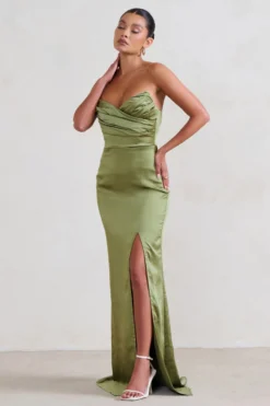 Coraline | Olive Strapless Maxi Dress With Split -Stylixon Sales Store CC HR CL128413 Coraline OliveStraplessMaxidressWithSplit3 scaled