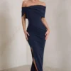 Eva | Navy Bardot Bow Detail Maxi Dress With Thigh Split