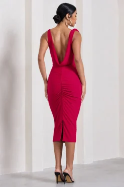 Rosy | Red Cowl-Neck Midi Dress With Floral Corsages -Stylixon Sales Store CC WB CL128451004 RosyRedCowl NeckMidiDressWithFloralCorsages5 scaled