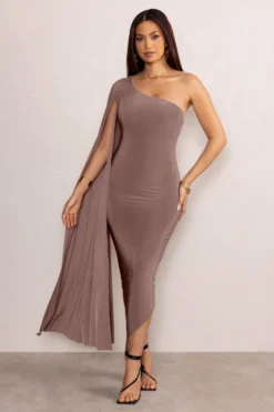 Aliana | Mocha Asymmetric Midi Dress With Cape Sleeve -Stylixon Sales Store CC WB CL129248 AlianaMochaAsymmetricMidiDresswithCapeSleeve3 scaled