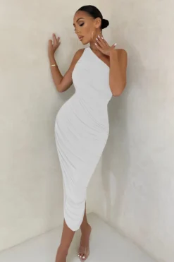 Late Night | Off White Asymmetrical One Shoulder Ruched Midi Dress -Stylixon Sales Store CL126071 white Asymetric One SHoulder Ruched Mini Dress 7 scaled
