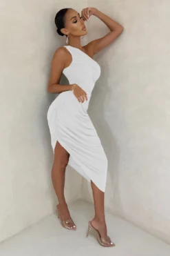 Late Night | Off White Asymmetrical One Shoulder Ruched Midi Dress -Stylixon Sales Store CL126071 white Asymetric One SHoulder Ruched Mini Dress 8 scaled