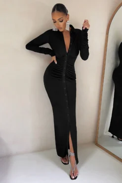 Restless Heart | Black Bodycon Ruched Long Sleeve Maxi Dress