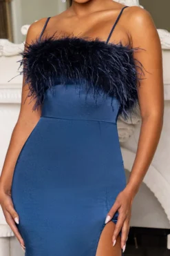 Add The Drama | Navy Square Neck Maxi Dress With Feather Trim -Stylixon Sales Store CL126569 navy1 satin maxi dress with feather detail 1 scaled