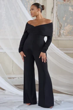 Hand On Heart | Black Twist Front Bardot Long Sleeve Jumpsuit -Stylixon Sales Store CL126676 HandOnHeartBlackTwistFrontBardotJumpsuit0 scaled