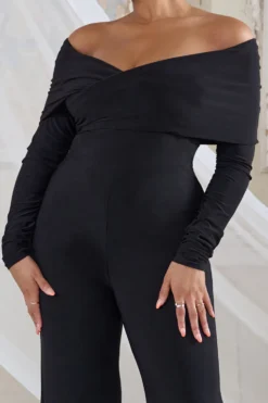 Hand On Heart | Black Twist Front Bardot Long Sleeve Jumpsuit -Stylixon Sales Store CL126676 HandOnHeartBlackTwistFrontBardotJumpsuit Detail scaled