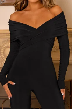 Hand On Heart | Black Twist Front Bardot Long Sleeve Jumpsuit -Stylixon Sales Store CL126676 black1 asymmetric knot detail bardot jumpsuit 3 scaled
