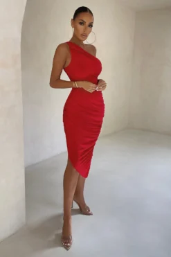 Late Night | Red Asymmetric One Shoulder Ruched Midi Dress -Stylixon Sales Store CL126680 Red Asymetric One SHoulder Ruched Mini Dress 6 scaled