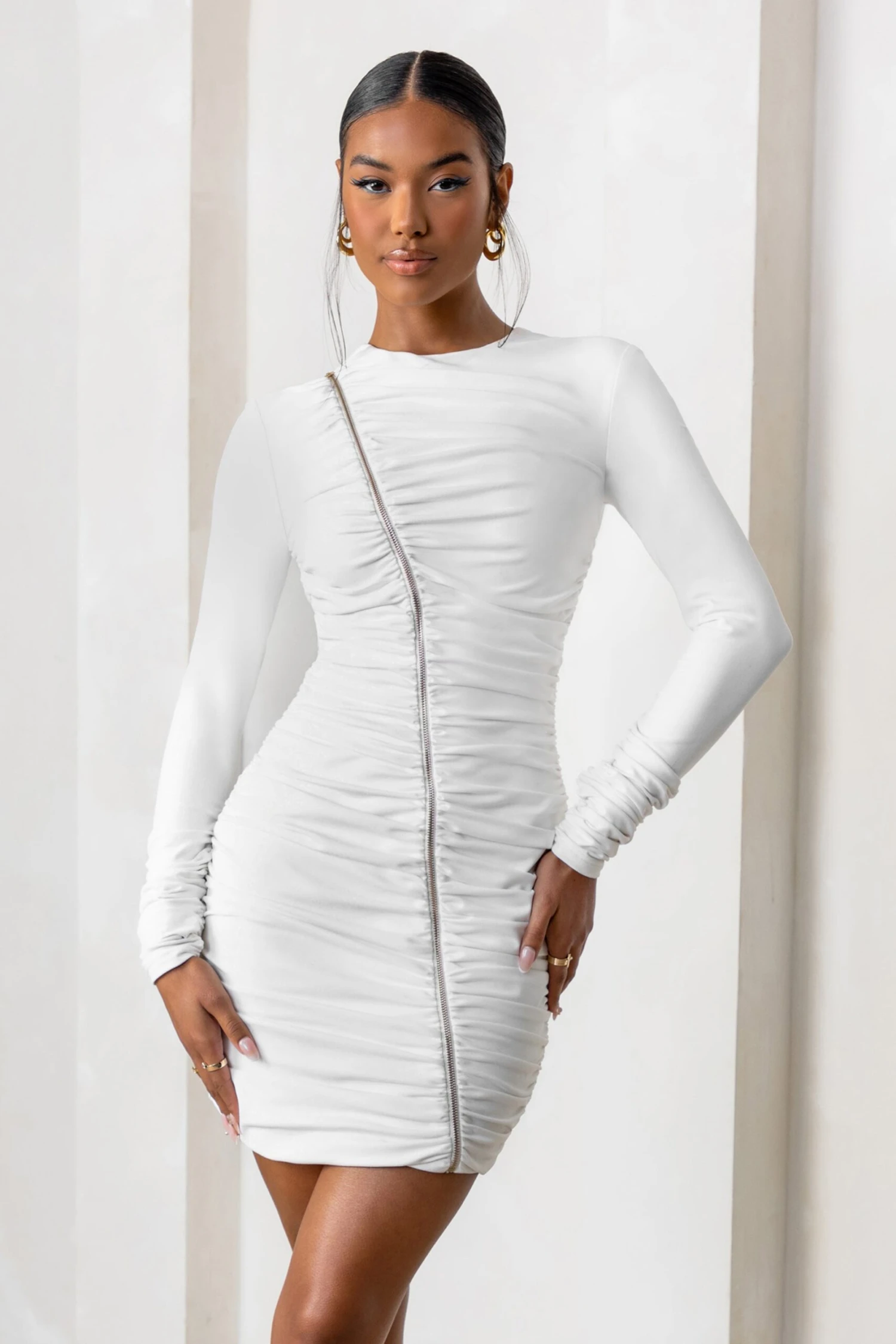 Empowered | White High Neck Long Sleeves Zip Detail Mini Dress 4 Empowered | White High Neck Long Sleeves Zip Detail Mini Dress - Image 4