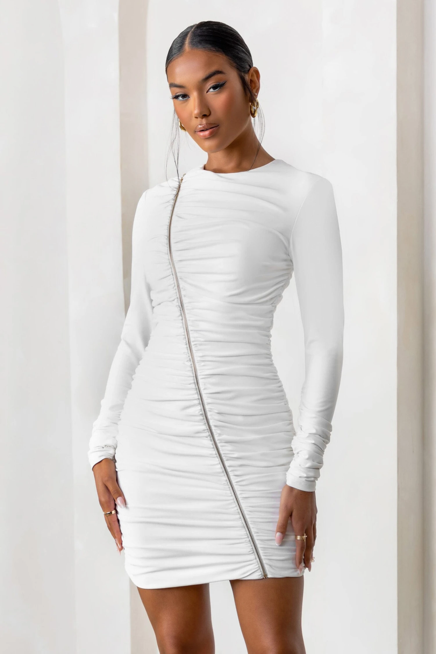 Empowered | White High Neck Long Sleeves Zip Detail Mini Dress 1 Empowered | White High Neck Long Sleeves Zip Detail Mini Dress