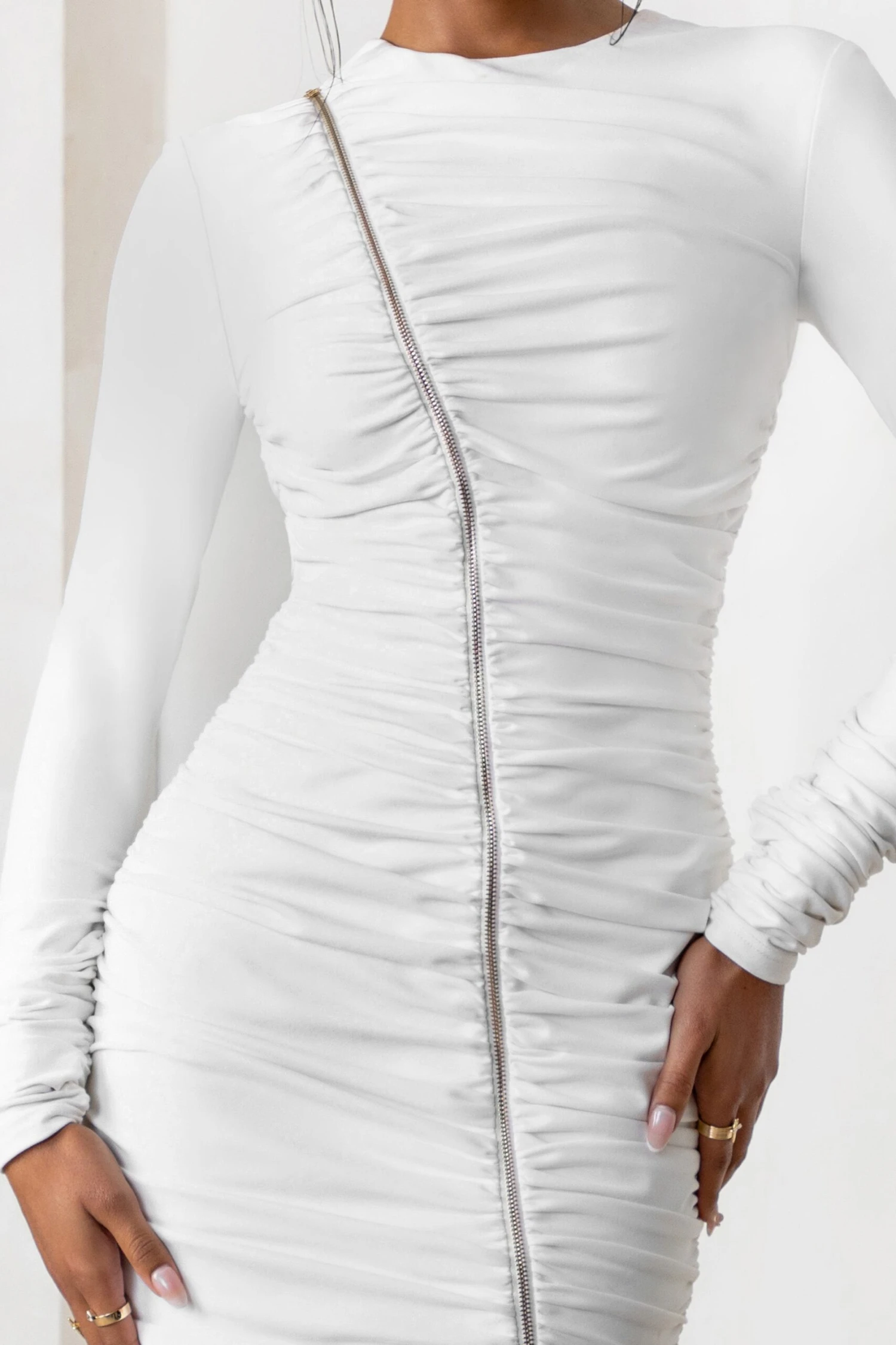 Empowered | White High Neck Long Sleeves Zip Detail Mini Dress 3 Empowered | White High Neck Long Sleeves Zip Detail Mini Dress - Image 3