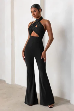 Follow My Lead | Black Wide Leg Jumpsuit With Wrap Over Twist Detail