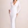 Amani | White Sequin Plunge Neck Long Sleeves Fishtail Maxi Dress