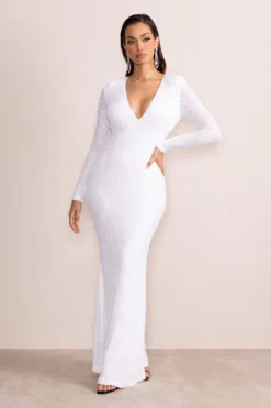 Amani | White Sequin Plunge Neck Long Sleeves Fishtail Maxi Dress -Stylixon Sales Store CL127680 AmaniWhiteSequinPlungeNeckLongSleevesFishtailMaxiDress1 scaled