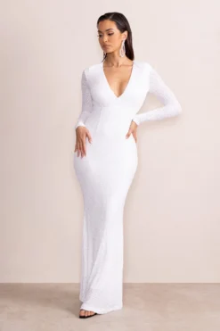 Amani | White Sequin Plunge Neck Long Sleeves Fishtail Maxi Dress -Stylixon Sales Store CL127680 AmaniWhiteSequinPlungeNeckLongSleevesFishtailMaxiDress2 scaled