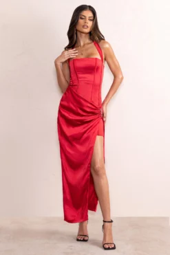 Clara | Red Satin Halter Neck Corset Wrap Skirt Maxi Dress