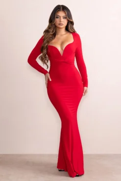 Leah | Red Plunge Sweetheart Neckline Fishtail Maxi Dress With Twist Front Detail -Stylixon Sales Store CL128044 LeahRedPlungeSweetheartNecklineFishtailMaxiDressWithTwistFrontDetail1 scaled