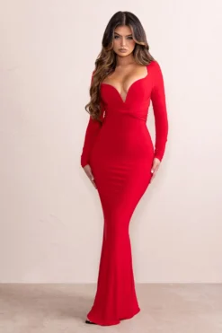 Leah | Red Plunge Sweetheart Neckline Fishtail Maxi Dress With Twist Front Detail -Stylixon Sales Store CL128044 LeahRedPlungeSweetheartNecklineFishtailMaxiDressWithTwistFrontDetail2 scaled