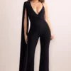 Dionne | Black Plunge Front One Shoulder Jumpsuit With Cape Sleeve