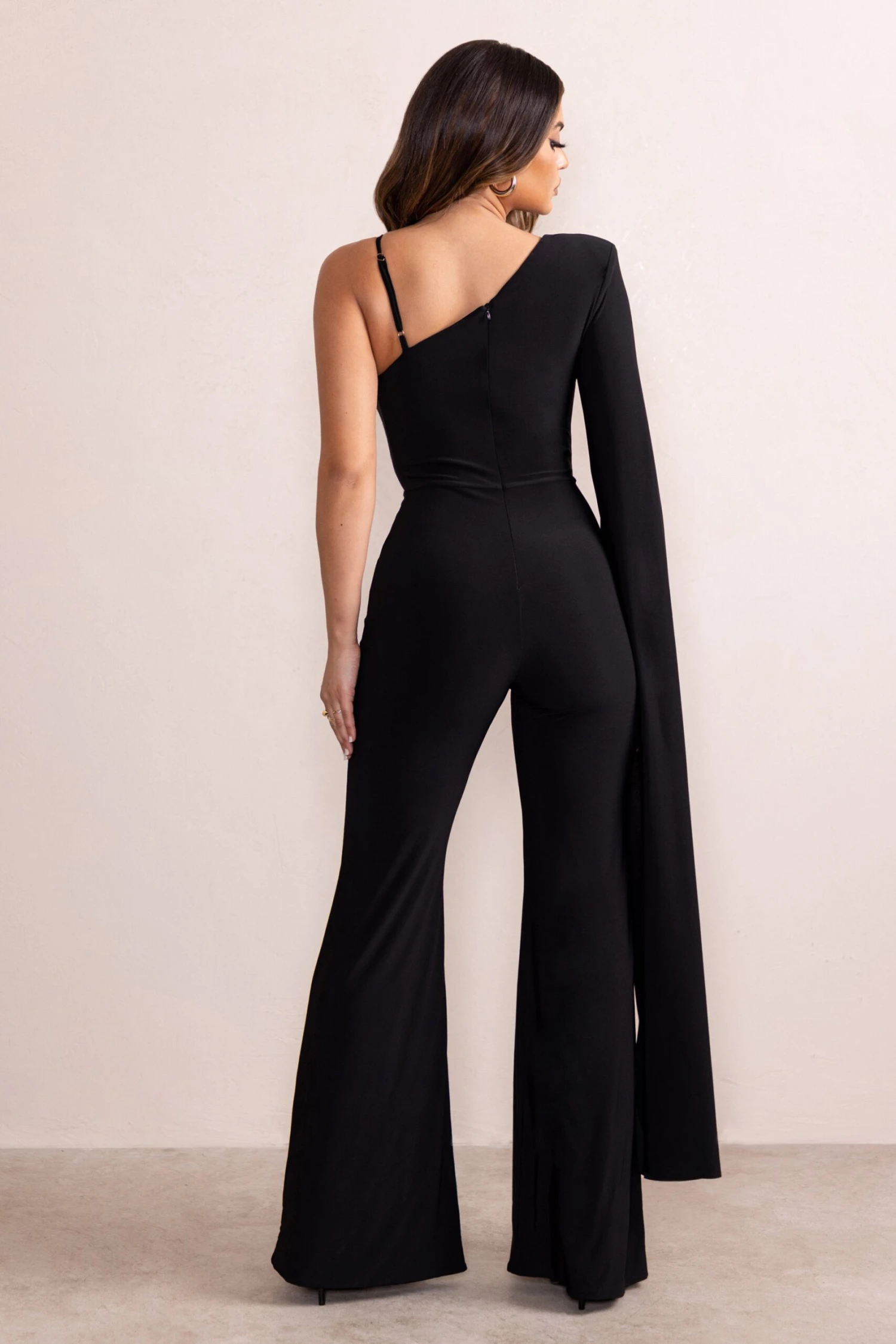 Dionne | Black Plunge Front One Shoulder Jumpsuit With Cape Sleeve 2 Dionne | Black Plunge Front One Shoulder Jumpsuit With Cape Sleeve - Image 2