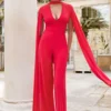 Louisa | Red Plunge Neck Jumpsuit With Floor Length Cape Sleeves