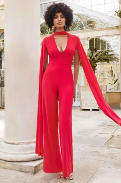 Louisa | Red Plunge Neck Jumpsuit With Floor Length Cape Sleeves