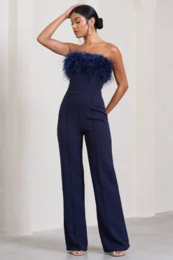 First Class | Navy Bandeau Feather Wide Leg Jumpsuit -Stylixon Sales Store HR CL126174015 FirstClassNavyBandeauFeatherWideLegJumpsuit1 scaled