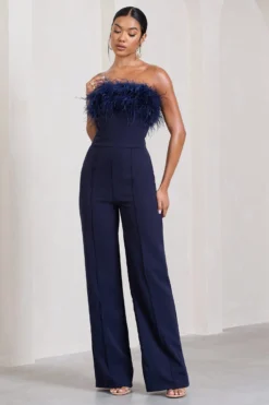 First Class | Navy Bandeau Feather Wide Leg Jumpsuit -Stylixon Sales Store HR CL126174015 FirstClassNavyBandeauFeatherWideLegJumpsuit2 scaled