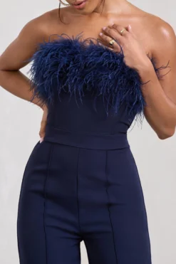 First Class | Navy Bandeau Feather Wide Leg Jumpsuit -Stylixon Sales Store HR CL126174015 FirstClassNavyBandeauFeatherWideLegJumpsuit5 scaled