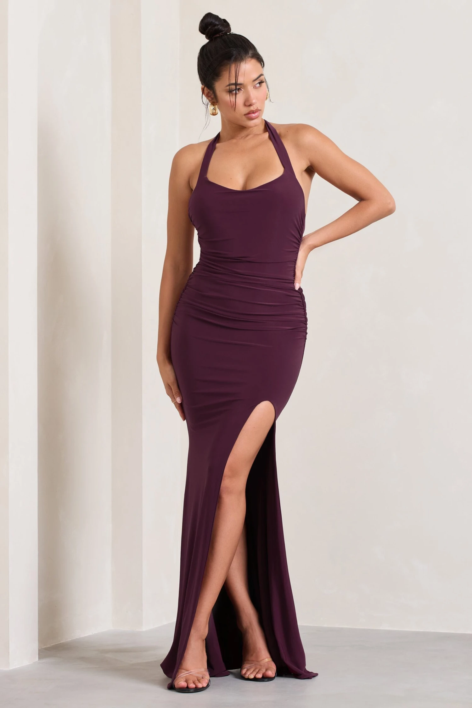 Idol | Burgundy Halter-Neck Split Maxi Dress 5 Idol | Burgundy Halter-Neck Split Maxi Dress - Image 5