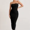 My Lady | Black Strapless Bodycon Ruched Mesh Maxi Dress