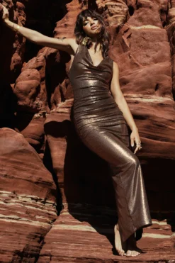 Finely Formed | Bronze Metallic Ruched Cowl-Neck Bodycon Maxi Dress -Stylixon Sales Store WB 1S8A7952 CL129675021 scaled