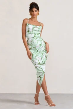 Risk It All | White & Green Floral Print Satin Cowl Asymmetric Midi Dress -Stylixon Sales Store WB BR CC CL126039153 RiskItAllWhite GreenFloralPrintSatinCowlAsymmetricDress2 scaled