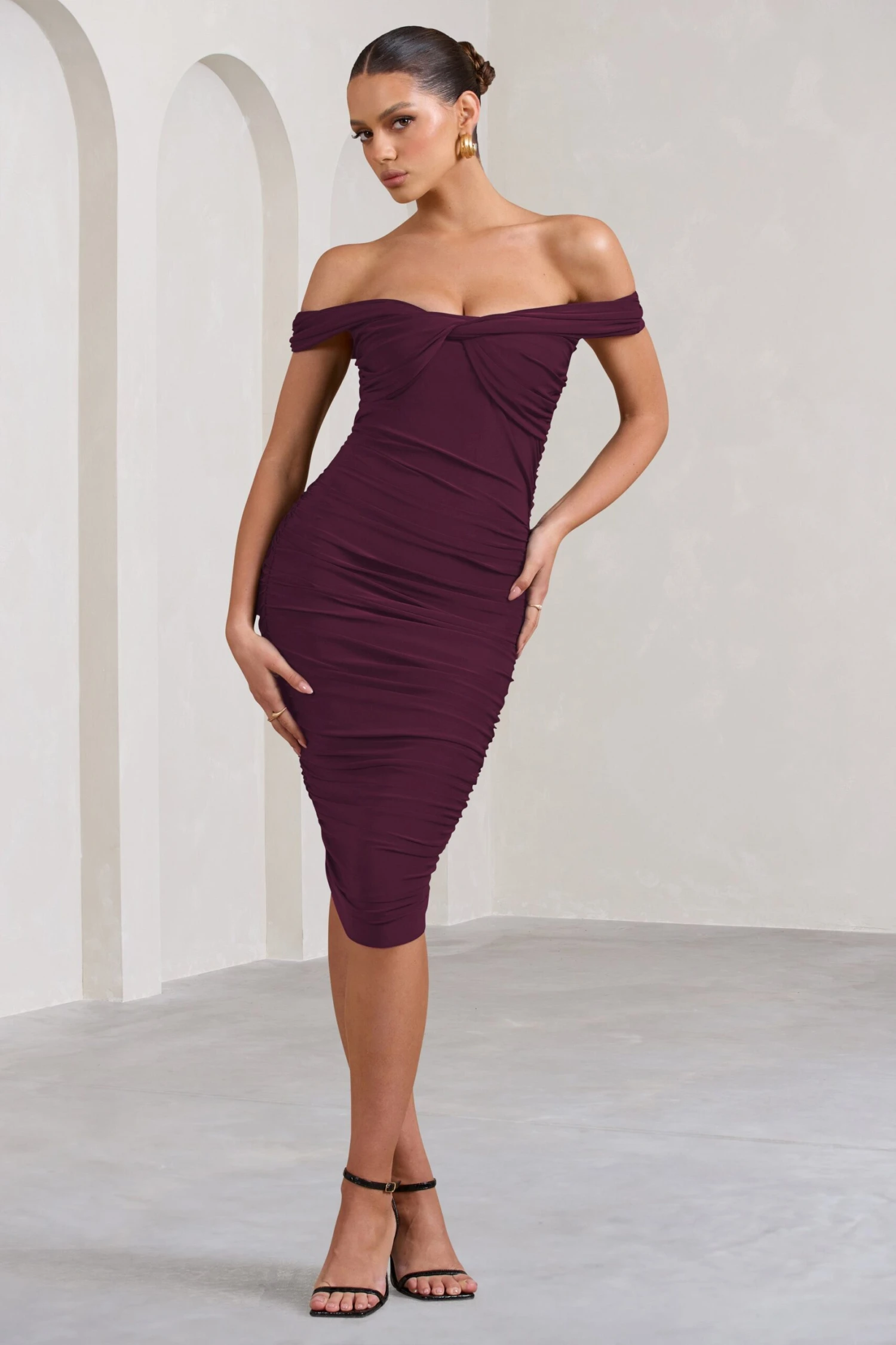 Gratitude | Plum Off The Shoulder Ruched Midi Dress 1 Gratitude | Plum Off The Shoulder Ruched Midi Dress