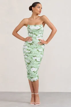 Negroni | White & Green Floral Print Bandeau Corset Ruched Mesh Midi Dress -Stylixon Sales Store WB BR CC CL127289153 NegroniWhite GreenFloralPrintBandeauCorsetRuchedMeshMidiDress0 scaled