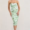 Negroni | White & Green Floral Print Bandeau Corset Ruched Mesh Midi Dress