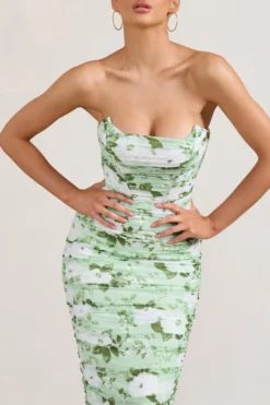 Negroni | White & Green Floral Print Bandeau Corset Ruched Mesh Midi Dress -Stylixon Sales Store WB BR CC CL127289153 NegroniWhite GreenFloralPrintBandeauCorsetRuchedMeshMidiDress3 scaled