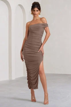 Celine | Mocha Asymmetric One Shoulder Ruched Maxi Dress With Curved Cut Out -Stylixon Sales Store WB BR CC CL127507038 CelineMochaAsymmetricOneShoulderRuchedMaxiDressWithCurvedCutOut0 scaled