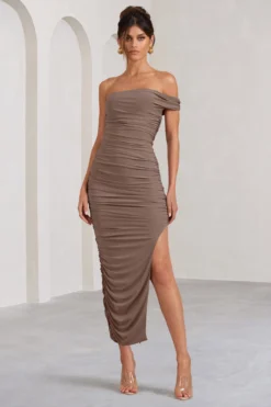 Celine | Mocha Asymmetric One Shoulder Ruched Maxi Dress With Curved Cut Out -Stylixon Sales Store WB BR CC CL127507038 CelineMochaAsymmetricOneShoulderRuchedMaxiDressWithCurvedCutOut1 scaled