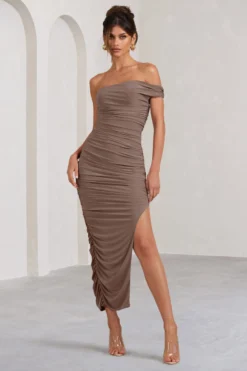 Celine | Mocha Asymmetric One Shoulder Ruched Maxi Dress With Curved Cut Out