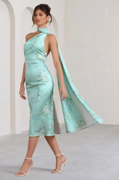 Madame | Mint Green Floral Print Satin Asymmetric Scarf Neck Backless Midi Dress -Stylixon Sales Store WB BR CC CL128417154 MadameMintGreenFloralPrintSatinAsymmetricScarfNeckBacklessMidiDress4 scaled