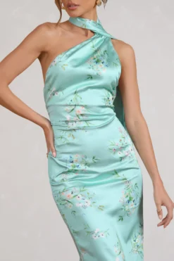 Madame | Mint Green Floral Print Satin Asymmetric Scarf Neck Backless Midi Dress -Stylixon Sales Store WB BR CC CL128417154 MadameMintGreenFloralPrintSatinAsymmetricScarfNeckBacklessMidiDress5 scaled