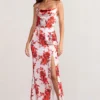 Fairy Tale | Champagne Floral Print Cowl Neck Satin Maxi Dress With Waist Tie