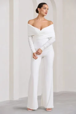 Hand On Heart | Ivory Twist Front Bardot Long Sleeve Jumpsuit -Stylixon Sales Store WB BR CL126676005 HandOnHeartWhiteTwistFrontBardotJumpsuit2 scaled