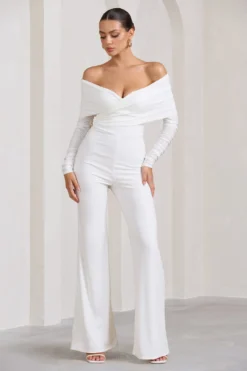 Hand On Heart | Ivory Twist Front Bardot Long Sleeve Jumpsuit -Stylixon Sales Store WB BR CL126676005 HandOnHeartWhiteTwistFrontBardotJumpsuit3 scaled