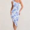 Late Night | Blue Floral Print Ruched One Shoulder Midi Dress