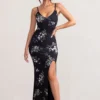 Farah | Black Floral Print Plunge Neck Maxi Dress With Split Detail