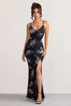 Farah | Black Floral Print Plunge Neck Maxi Dress With Split Detail -Stylixon Sales Store WB BR CL126720 FarahBlackFloralPrintPlungeNeckMaxiDressWithSplitDetail1 scaled
